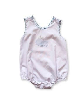 Auraluz White Baby Whale Romper with Blue Ric Rac Trim